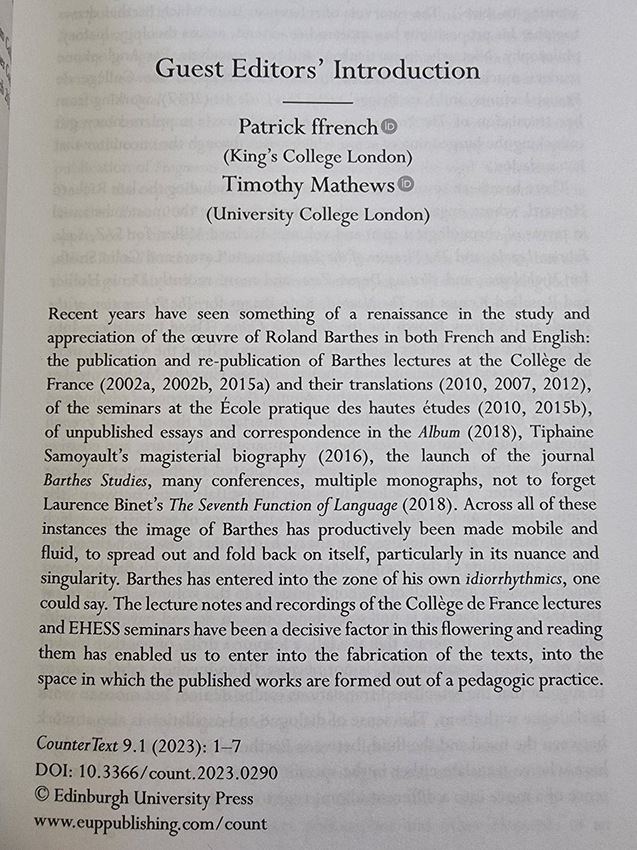 CounterText's tweet photo. Hard copies of #CounterText 9.1, a Barthes special issue (featuring a brand-new translation of parts of Fragments of a Lover's Discourse), are now out there in the world. Perfect summer reading for anyone interested in Barthes, translation, creative criticism, and love 💘 https://t.co/uunas8ACFt