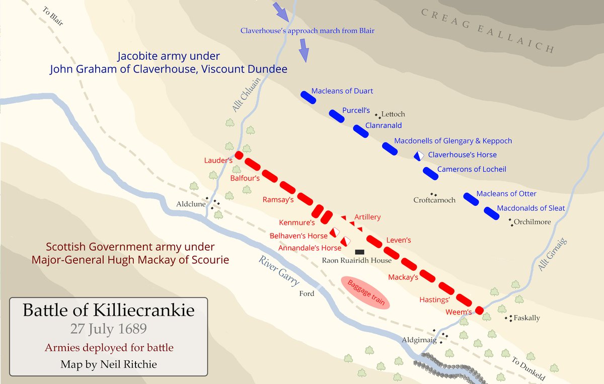 Battle of Killiecrankie - 27 July 1689 🧵

At dawn on the 27th, Lauder's detachment arrived at Moulin, finding the Pass of Killiecrankie unguarded and Lord Murray's men nowhere to be seen. Lauder continued through the Pass to secure the far end and reported back to Mackay.