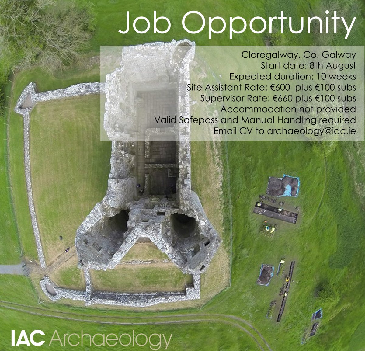*UPDATED* We are seeking field archaeologists to join our team for a 10 week excavation within the medieval borough of #Claregalway; start date of 8 August. Please email CV to archaeology@iac.ie. #jobopportunity #archaeologyjobs #archaeologyjobsinireland #Galway #archaeology