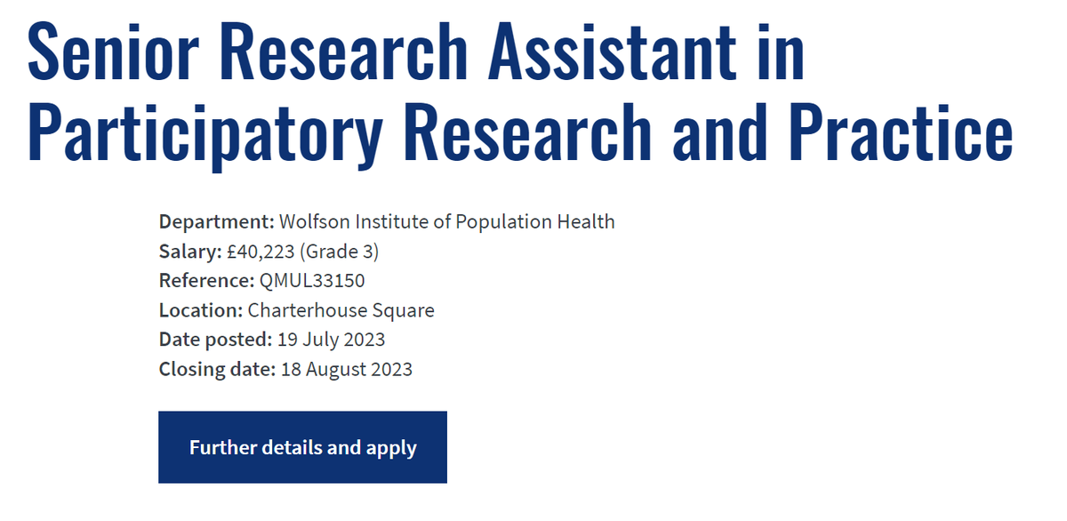 🚨 New job opportunity!

We are looking for a Senior Research Assistant in #ParticipatoryResearch and Practice to join our Preventive Neurology Unit @preventiveneur1 

More info + apply here: qmul.ac.uk/jobs/vacancies…