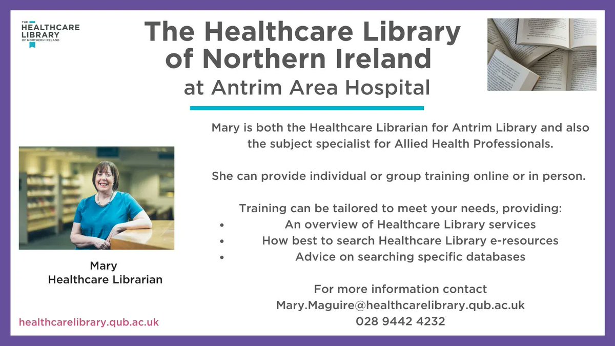 healthcarelib's tweet image. Mary @clappinhands is the Healthcare Librarian for Antrim Area Hospital Library and also a Subject Specialist for Allied Health professionals.

#KnowYourLibrary 

@NHSCTrust @WesternHSCTrust @SouthernHSCT @setrust @BelfastTrust @HSC_NI @clappinhands