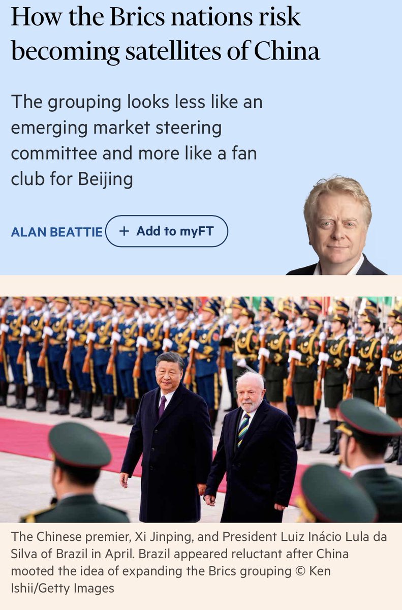 TheresaAFallon's tweet photo. “China mooted the idea of expanding Brics last year … If nations enter who are beholden to China through ties of debt or investment, Brics will look ever less like a steering group for the emerging world and more like a fan club for an aspiring hegemon.” @alanbeattie https://t.co/TCUq4pewrk