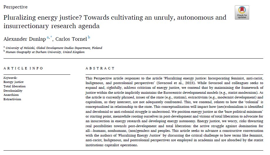 📢 NEW ARTICLE! 🎉 Free access 50 days! @ElsevierEnergy C. Tornel & I wrote an article opening a dialogue w/ @BenjaminSovaco1 et al. to advance anti-colonial/statist understandings in #energy & #EnvironmentalJustice studies. ➡️authors.elsevier.com/a/1hUNw7tZ6Z-F… @PolEcoNet @EADI