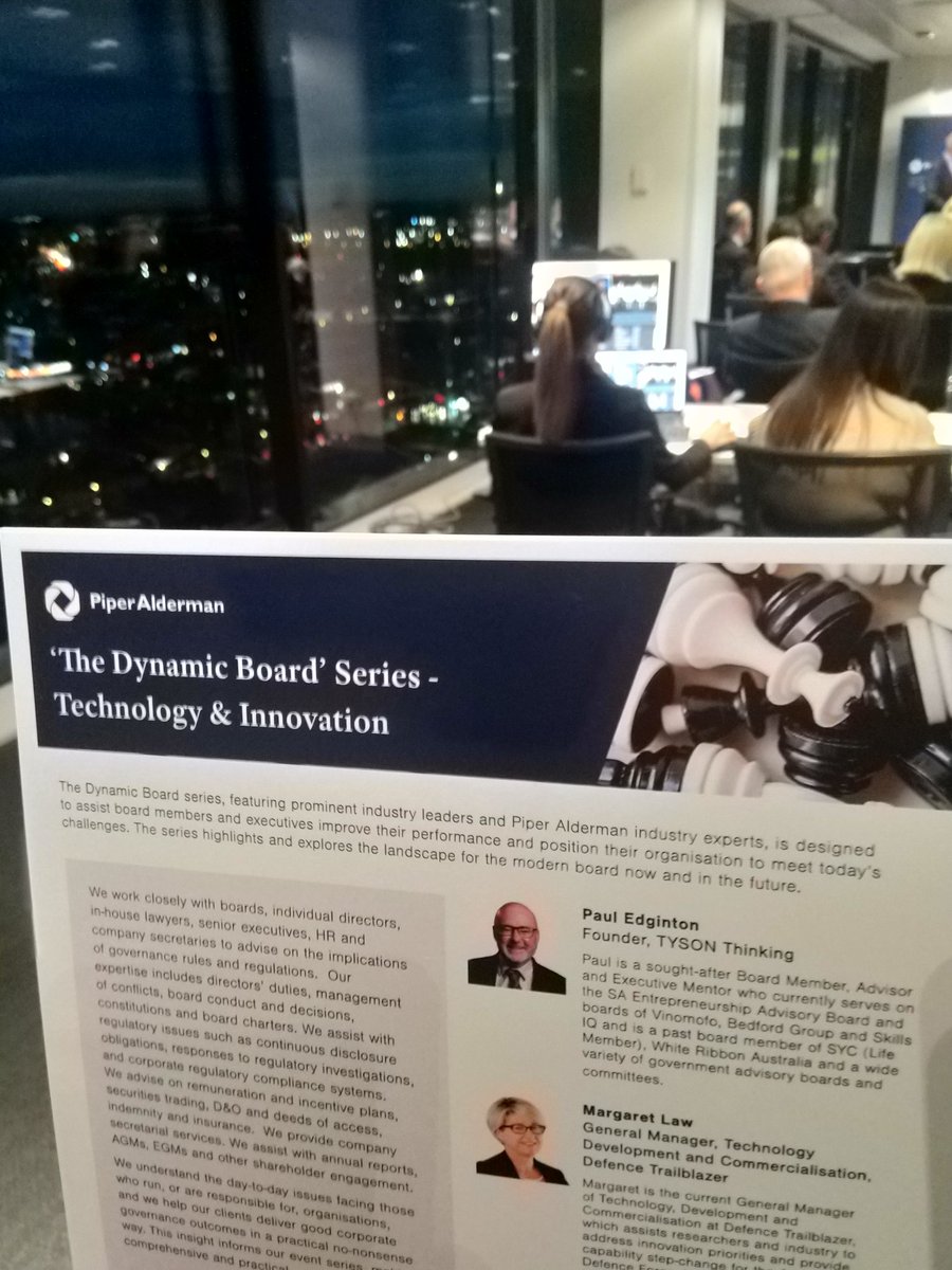 Insightful conversation around relationships between #Board and #CEO/#Executives to spur #innovation in #technology-intensive environments. @PiperAlderman <a href="/AICDirectors/">AICD</a> #governance