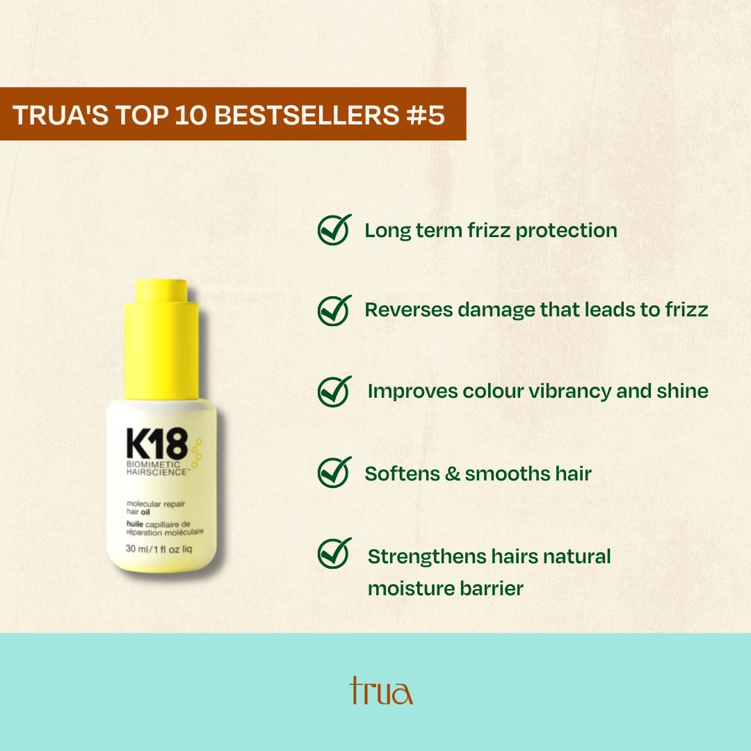 Trua's top 10 bestsellers #5: K18 Molecular Repair Hair Oil.

Molecular Repair Hair Oil is a weightless oil that strengthens hair while it smooths, such a powerful little product. 

#healthyscalphealthyhair #truahair #haircare #hairbreakage #damagedhair #healthyhair #k18