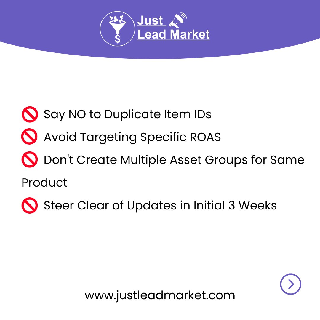 Justleadmarket's tweet photo. Boost Your PMax Campaign Success with These Tips!
PMax Strategy: Avoid These Mistakes!
Don't Have Duplicate Item IDs
Avoid Targeting with Specific ROAS
Optimize your PMax campaigns for maximum success by avoiding these pitfalls!
#PMaxStrategy #CampaignOptimization #AvoidMistake https://t.co/s04XB20Q7p