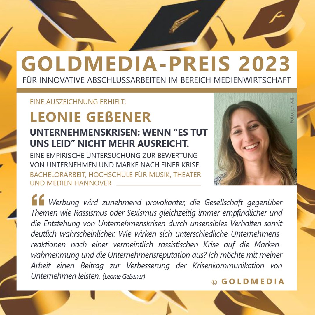 Unternehmenskrisen: Wenn "Es tut uns leid" nicht mehr ausreicht. So titelt die hervorragende #Bachelorarbeit von Leonie Geßener, <a href="/HannoverIjk/">IJK Hannover</a>. Sie erhält eine Auszeichnung im Rahmen des #GoldmediaPreises 2023. #Reputation #Unternehmenskrisen #krisenkommunikation