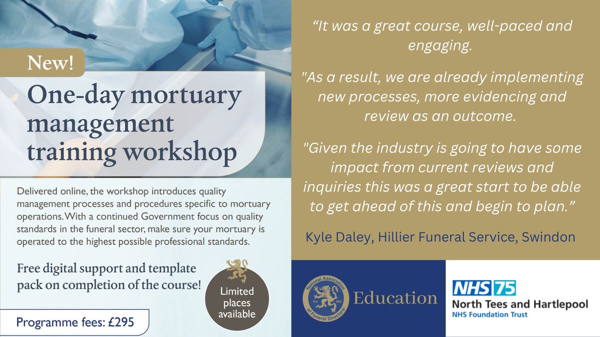 'It was a great course, well paced and engaging.” Kyle Daley, of Hillier Funeral Service in Swindon, on our new #MortuaryManagement one-day online workshop: nafdeducation.org.uk/product/nafd-m…
