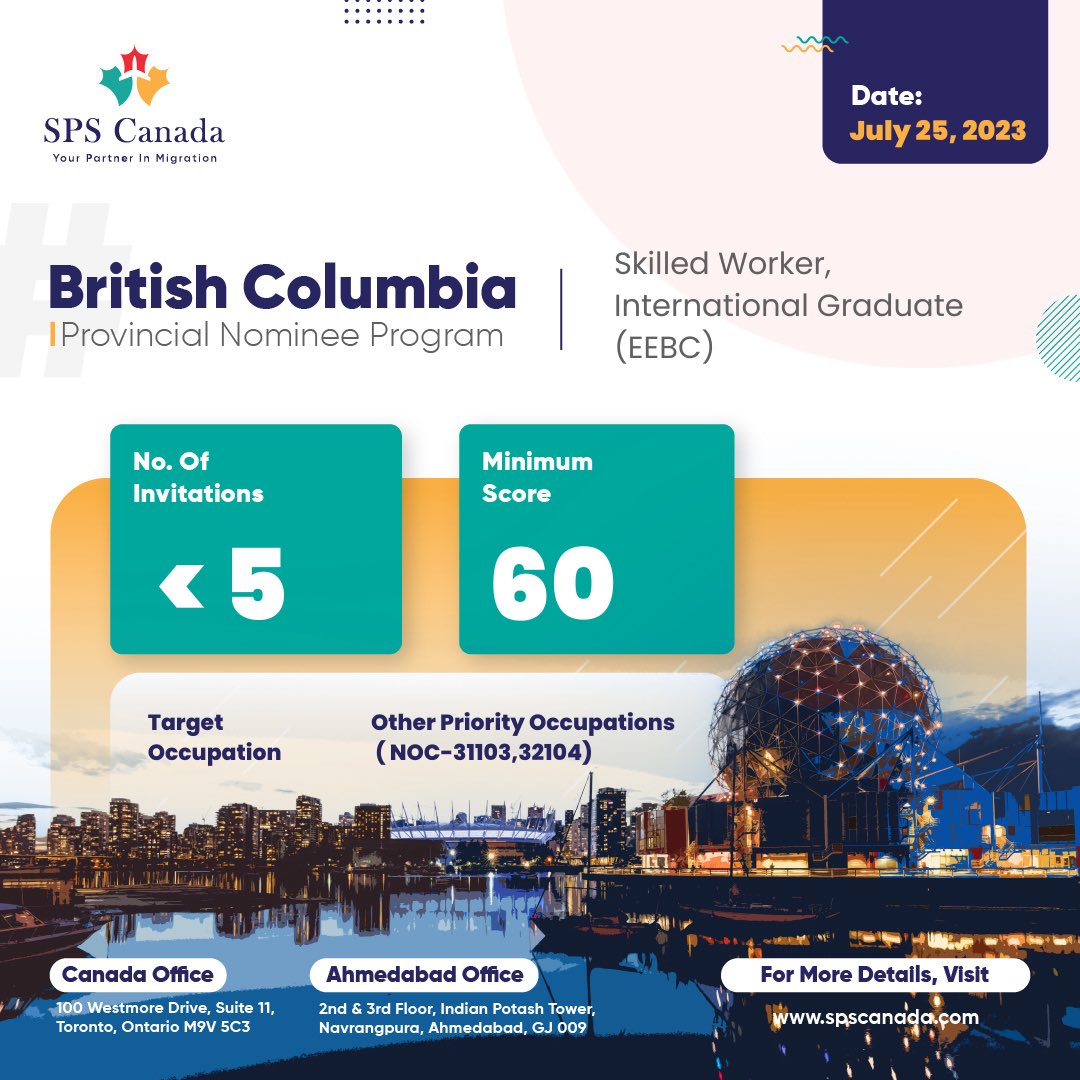 On July 25, 2023, the British Columbia Provincial Nominee Program conducted a new draw and extended invitations to applicants for permanent residency. 🇨🇦✨ #canadaimmigration #britishcolumbia #expressentrycanada #draw #permanentresidency #visaapproval #immugrationconsultant