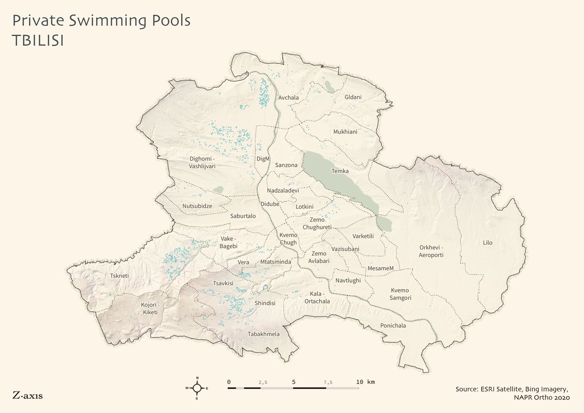 vizaxis's tweet photo. Amid hot summer temperatures and the absence of affordable, public swimming pools in #tbilisi, this is how private swimming pools are distributed spatially. Mirrors quite well the unequal urban geography of the city. https://t.co/C3E3PdKdWV