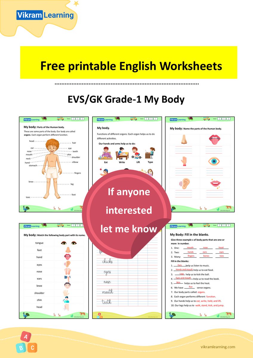 VikramLearning's tweet photo. My Body parts EVS/GK Grade-1
Download free printable PDF #worksheets
https://t.co/o2gSITEwoT https://t.co/lnJTUBbQnh