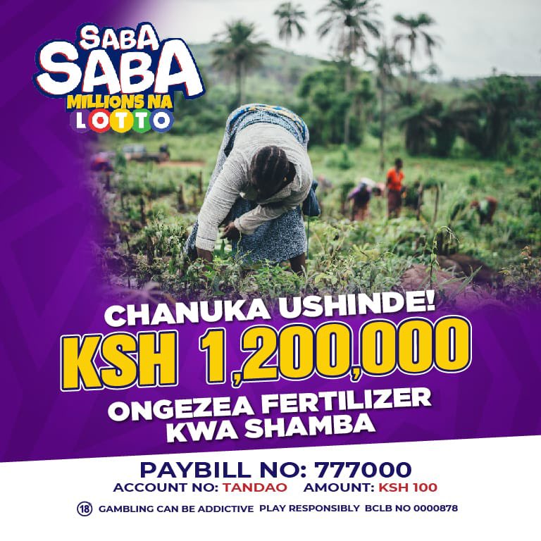 Your farm inputs can be too costly if not planned-for in advance. You can now do this with a Lotto win!

With 100 bob, be in the Draw that comes at 8:45p.m!

Mpesa Ksh. 100 to Paybill “777000” Account “TANDAO”

#NyakuaMitaNaLotto
#LottoNaTandao
#SabaSabaMillionaires