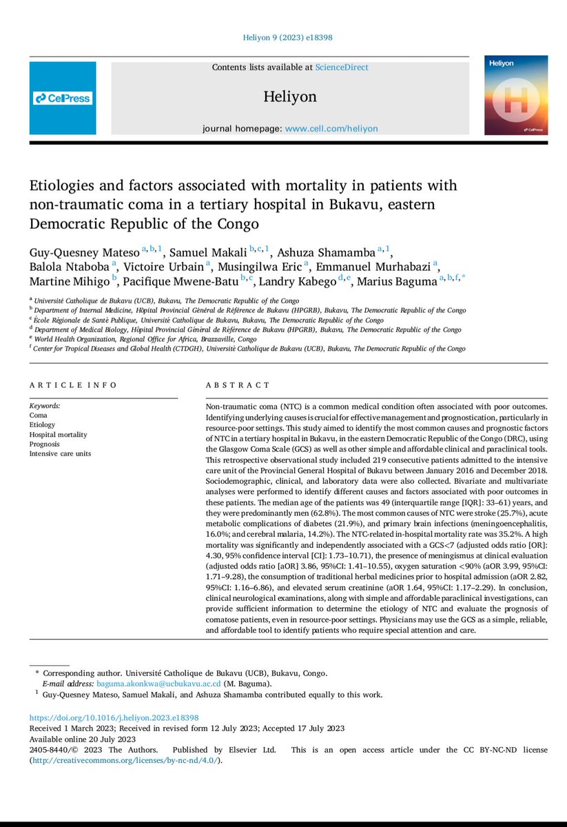 ShamambaAshuza's tweet photo. I'm happy to share with you our recent paper, the first study assessing prognosis factors of non traumatic coma in adult patients in the DR Congo... Congratulations to the whole team🥳🍻https://t.co/QRe8QtrNJE https://t.co/hx4j6dNcZb