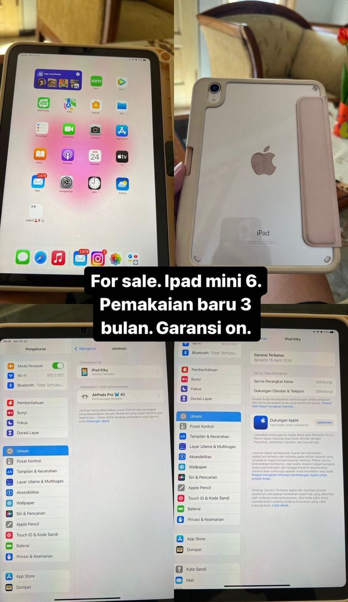 haloo aku mau jual ipad mini 6 64gb warna pink, baru aku pake 3 bulan yaa,  no minus masih mulus bgttt, bonus case sama udh dipasang tempered glass
price : 5.900.000
bisa dm aku yaaa 

#wtb #wts