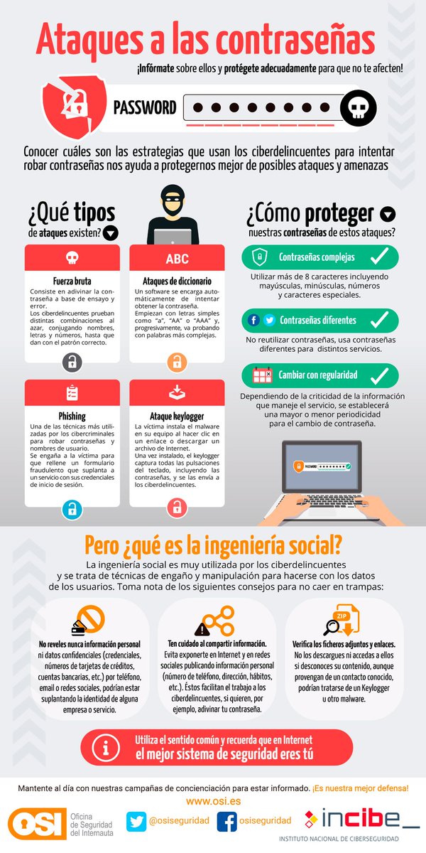 dsn's tweet photo. #Ciberseguridad 
➡️ Ataques a las #Contraseñas 
➡️ Infórmate y que no te afecten 
➡️ Tipos de ataques 
➡️ ¿Cómo proteger nuestras contraseñas? 
➡️ Ingeniería Social ¿Qué es? @osiseguridad @INCIBE  https://t.co/f4gOKq6pls https://t.co/NaMQuNaduD