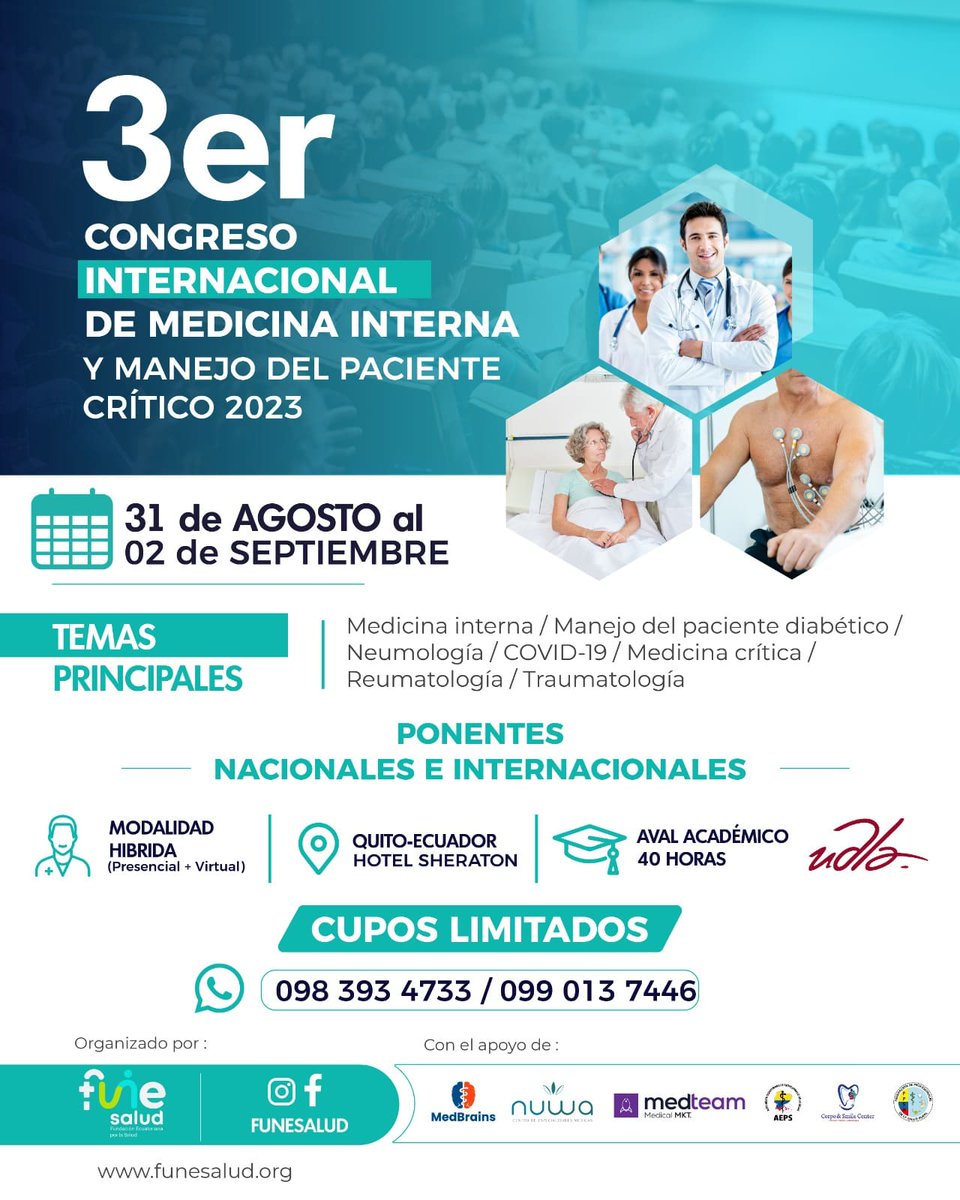 FuneSalud's tweet photo. 𝟯𝗲𝗿 𝗖𝗢𝗡𝗚𝗥𝗘𝗦𝗢 𝗜𝗡𝗧𝗘𝗥𝗡𝗔𝗖𝗜𝗢𝗡𝗔𝗟 𝗗𝗘 𝗠𝗘𝗗𝗜𝗖𝗜𝗡𝗔 𝗜𝗡𝗧𝗘𝗥𝗡𝗔 𝗬 𝗠𝗔𝗡𝗘𝗝𝗢 𝗗𝗘𝗟 𝗣𝗔𝗖𝗜𝗘𝗡𝗧𝗘 𝗖𝗥Í𝗧𝗜𝗖𝗢 𝟮𝟬𝟮𝟯.

📆Del 31 de Agosto al 02 de septiembre del 2023
💻Evento Híbrido (Presencial y Virtual)
✨Válido para Postgrados https://t.co/iBTuz5swRQ