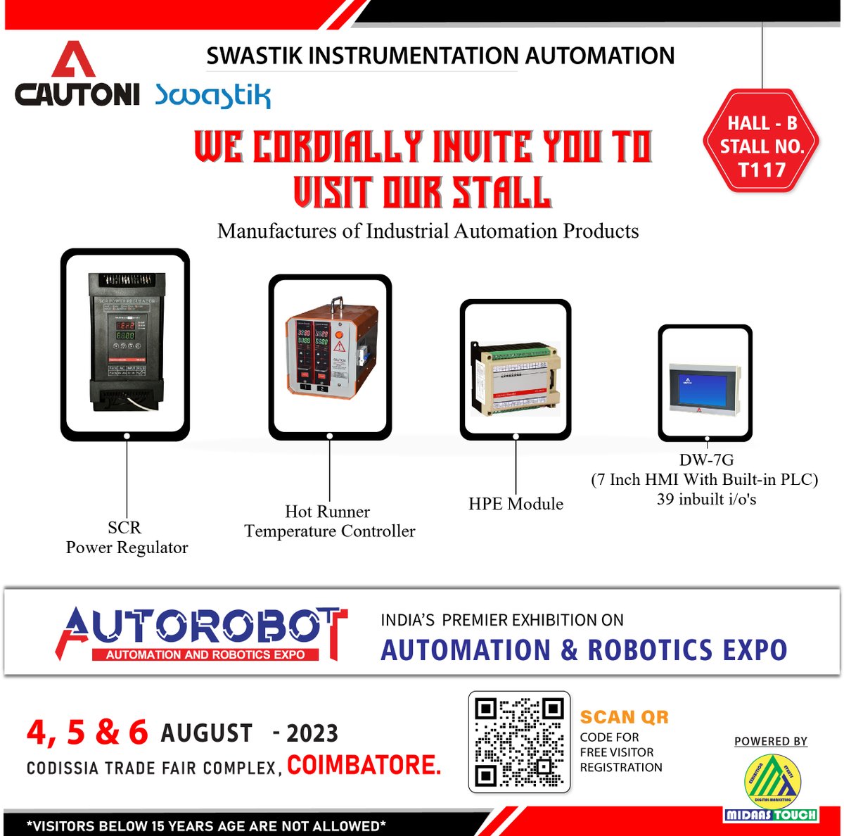 AutorobotExpo's tweet photo. #SwastikInstrumentationAutomation | Hall-B | Stall: T117
We Cordially Invite You To Visit our Stall
Free Registration: https://t.co/n94pT2xpDr 👈
🗓️Aug 4-6, 2023
#CODISSIA, #Coimbatore📍
#AutoRobot #autorobotexpo #AutoRobotExpo2023 #AutomationandRobotics #automation #robotics https://t.co/qbWrujfqnQ