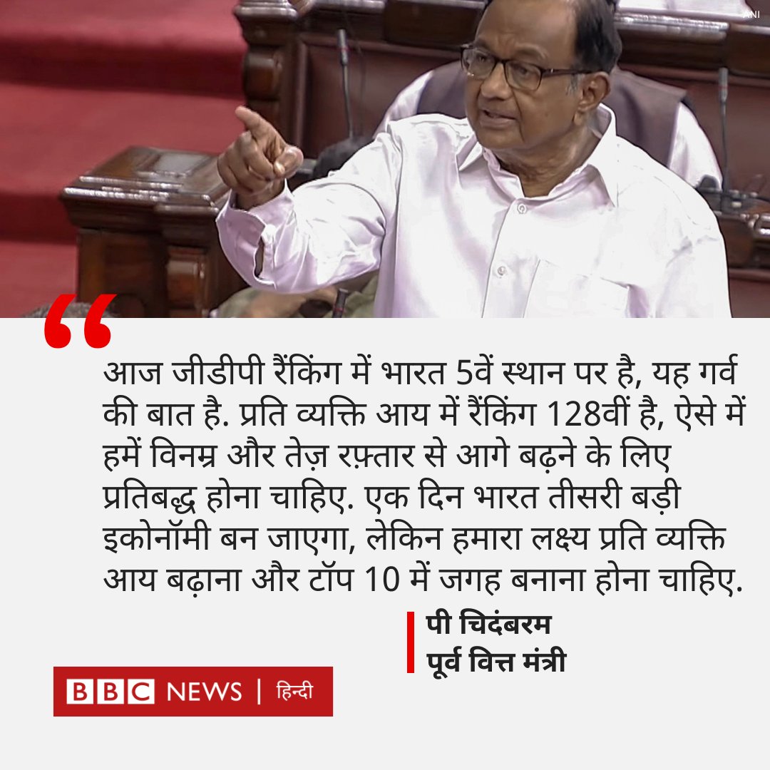 BBCHindi's tweet photo. कांग्रेस नेता और पूर्व वित्त मंत्री पी चिदंबरम ने ट्वीट कर कहा है कि सकल घरेलू उत्पाद यानी जीडीपी नहीं बल्कि प्रति व्यक्ति आय ही किसी भी देश की समृद्धि का असली पैमाना होता है. https://t.co/wyFOzo7A6L