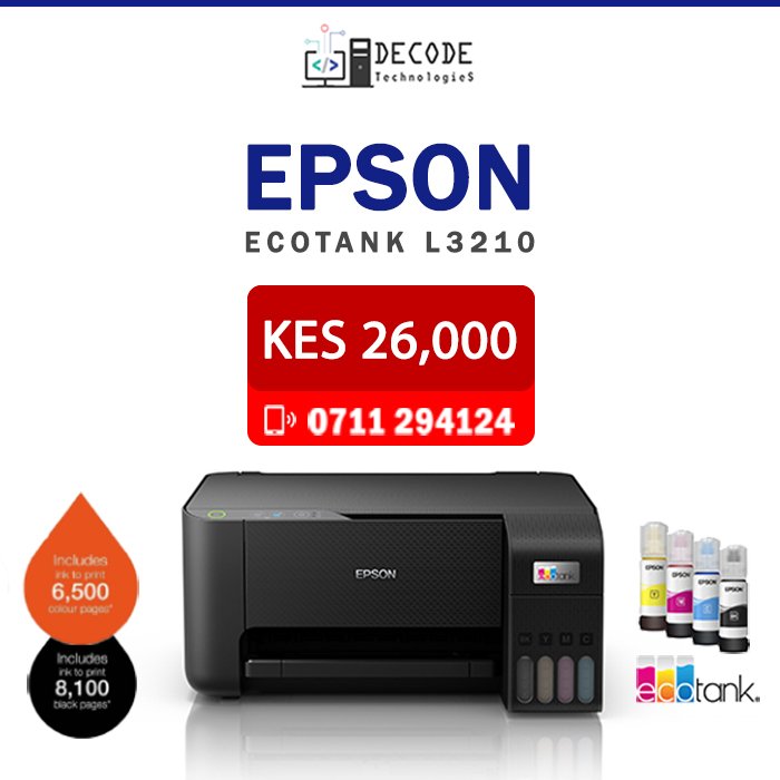 decode_it_kenya's tweet photo. EPSON EcoTank L3210 available at an affordable Price. 
You get free ink set plus an extra Black and 1 year warranty
You can trust @Epson

Call / Whatsapp: 0711 294124

#epson #printer #ssd #kenya #love #technology https://t.co/KON84PAPQU