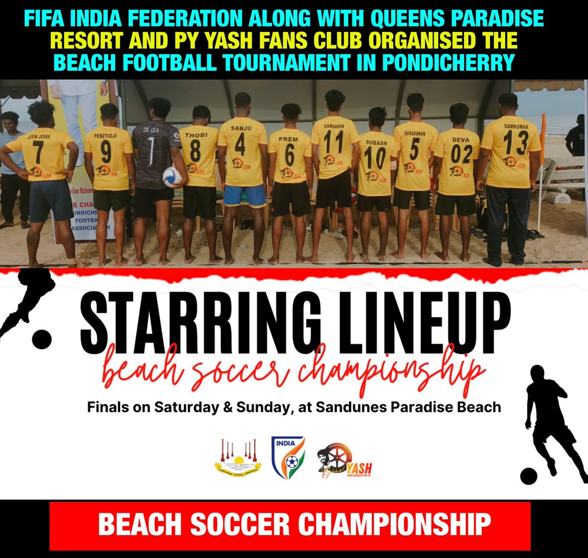 TeamOnlyYash's tweet photo. Here is the good news for soccer lovers 
Great initiative by @YashFansClubPY 👏😍

Finals on Saturday and Sunday at Sandunes Paradise Beach ⛱️👌
#YashBOSS #Yash19 @TheNameIsYash https://t.co/sDFnTdOZib