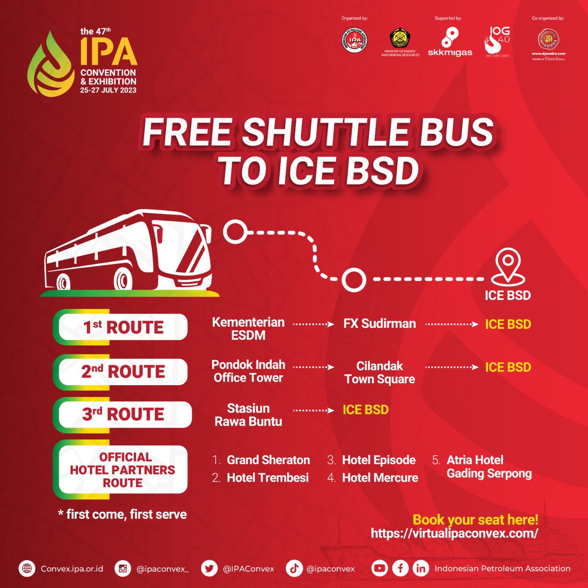eventsightid's tweet photo. IPA Convex provides a free shuttle service from various points to ICE BSD. To use this shuttle service, you are obliged to register as IPA Convex 2023 visitors and choose the desired schedule through our official website (https://t.co/F64evKXvD8).

#IPAConvex2023 https://t.co/gQgKg4oVgM