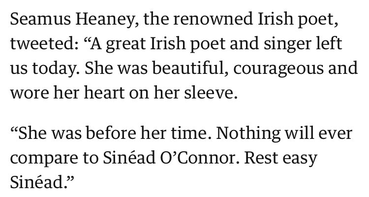 BrotchieIain's tweet photo. Sad to learn that Sinead O’Connor died.
Amazed to see that the Guardian thinks Seamus Heaney is tweeting about it… https://t.co/uaBpE7ey9N
