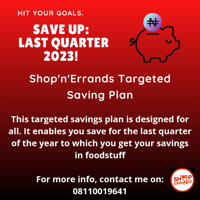 shopnerrands's tweet photo. It's a beautiful day and here's a gentle reminder that you can save up for foodstuffs for Christmas celebrations at the end of the year if you take part of our last quarter savings challenge. 

To join in, click the linkhttps://chat.whatsapp.com/GGeW3Vi02DL1qSUPr3HVLW

Pls RT. https://t.co/DAFrIGhxVE