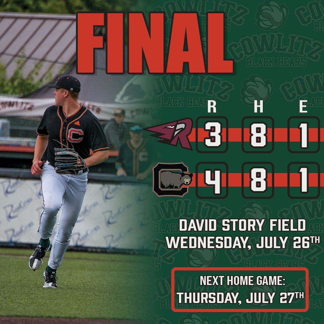 CowlitzBBears's tweet photo. The Black Bears walk it off on back-to-back nights! Tonight's hero was Ian Riley. The Black Bears look to take the series tomorrow. Only 4 home games left! Come cheer on the squad who may be playoff bound. 4 games infront of Bend now. #Bearsofsummer https://t.co/EagQ2cyZUL