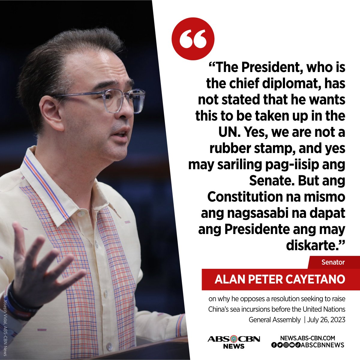 Hinarang ni Sen. Alan Peter Cayetano ang resolusyon sa Senado na naglalayong dalhin sa UN ang isyu ng West Philippine Sea.

Aniya, "dapat Presidente ang may diskarte."

Basahin: abscbn.news/474j07h
