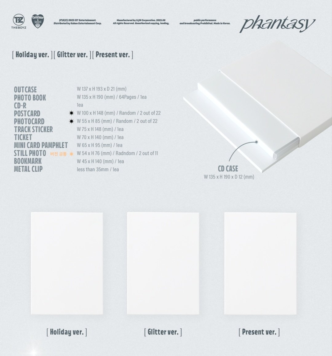 deobimom's tweet image. #THEBOYZ #PHANTASY album details

✨️ Versions:
Holiday, Glitter, Present, DVD

✨️inclusions:
Outcase
Photobook
CD-R
POSTCARD (2 out of 22)
PHOTOCARD (2 out of 22)
Track Sticker
Ticket
Mini Card Pamphlet
Still Photo (common within versions; 2 out of 11)
Bookmark
Metal Clip