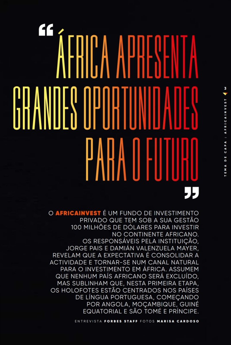 Forbes Africa Lusófona, entrevista o CEO da Africa Invest Damian Valenzuela Mayer e o seu Director em África Jorge Pais
#damianvalenzuelamayer #africainvet #ForbesAfrica