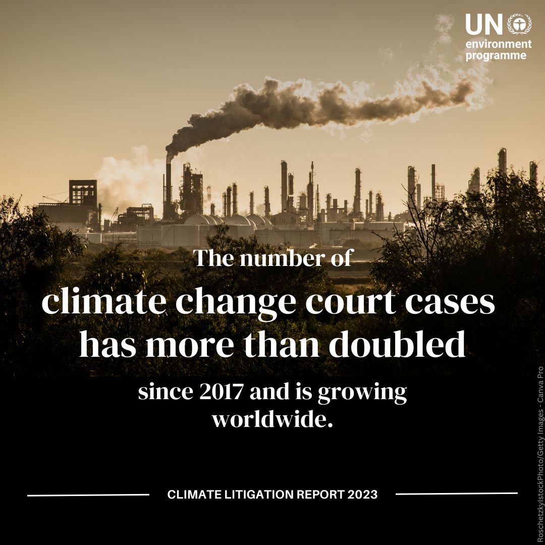 UNEP's tweet photo. Climate litigation cases are growing worldwide.

Governments, corporations and other greenhouse gas emitters are facing lawsuits and being held accountable for causing climate harm.

More insights from new UNEP and @SabinCenter report: https://t.co/J4ZpnhclbB https://t.co/x1x7g8Qr0n