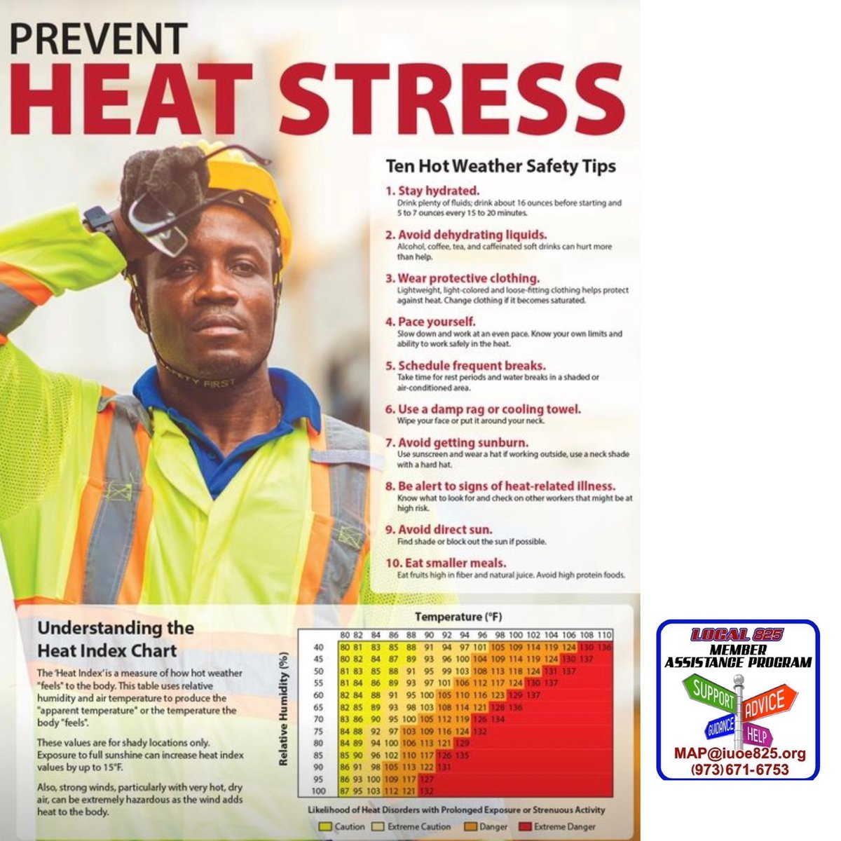iuoe825map's tweet photo. The summer is upon us in North America and knowing how to prevent #heatstress staying hydrated & signs of #heat related illnesses is important in our industry‼️
#cnstruction #safety #njconstruction #825map https://t.co/Jckd6gDFnc