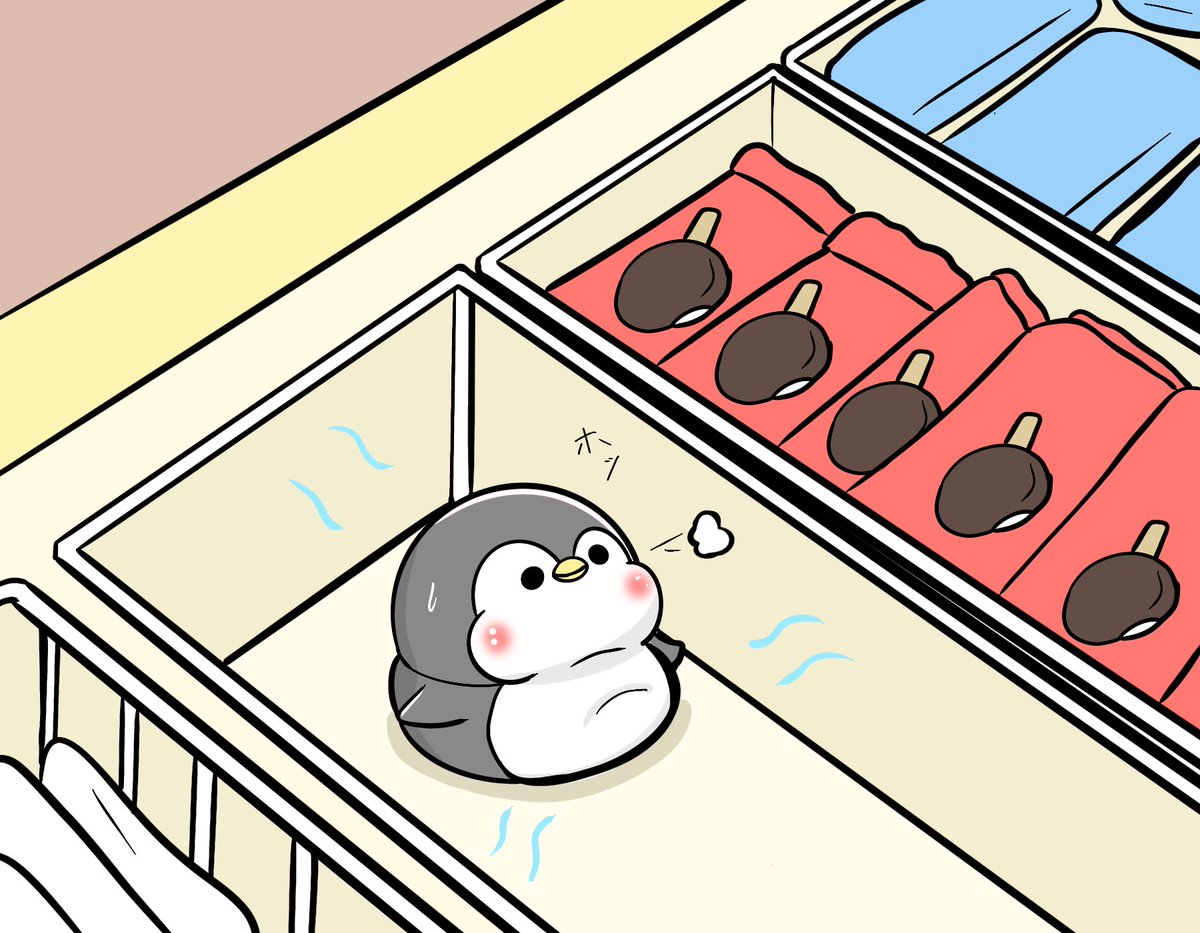 「店内のアイス売り場で休憩するペンギン・災害級の暑さ 」|ペンギンの優しい世界-お腹すい汰＠のイラスト