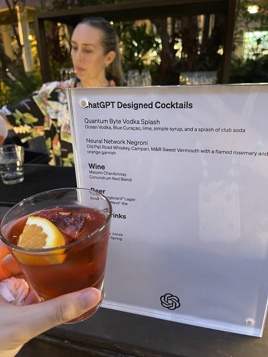 OpenAI social at ICML: ChatGPT designed cocktail!

“Neural Network Negroni” is quite good 😆