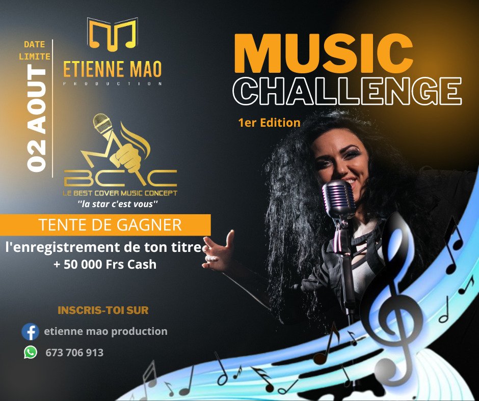 EricFaga's tweet photo. Tente☘️ de gagner 50 000 FCFA cash💰🎉😃 et l'enregistrement de ton titre🎙️🎧🎶
📤Envoie ta vidéo par 
📱WhatsApp au : 673 706 913 👈
⏳Date limite : 02 Août 2023 ✅

Abonne-toi 👉  https://t.co/c3HA2X0uwA  👍  pour plus d'infos

#musicchallenge 
#etiennemaoproduction
#acapella https://t.co/mvdxxw2x6V