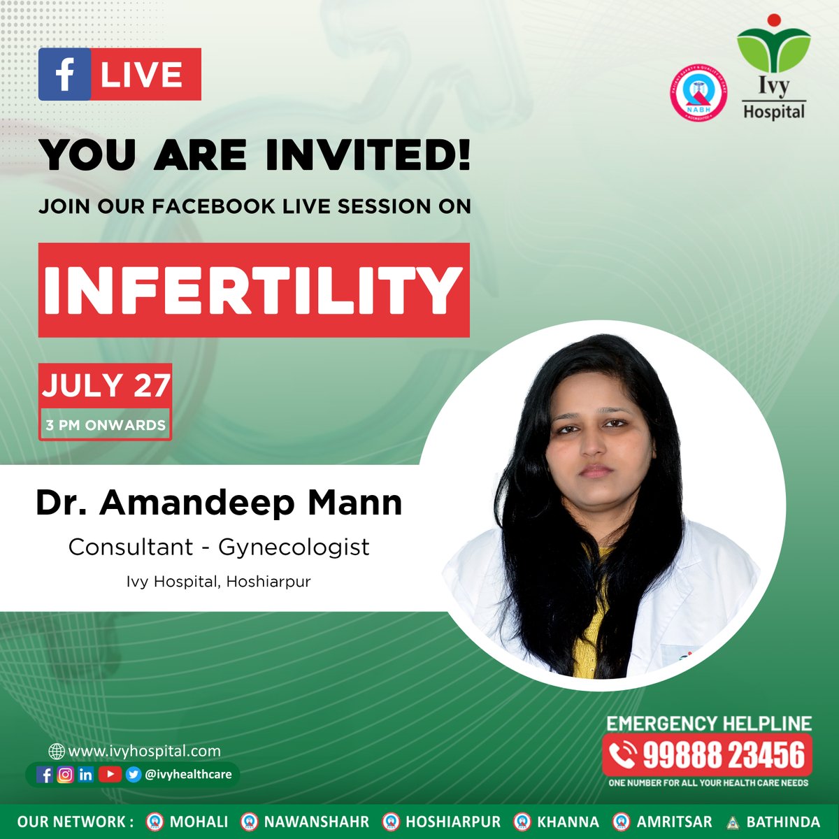 LivasaHospitals's tweet image. Join us for an insightful Facebook Live session today on Infertility, hosted by renowned Gynecologist, Dr. Amandeep Mann! 
For Any Query or Make an Appointment, Call 062395 02002
#IvyHealthcare #FacebookLiveSession #InfertilityAwareness #InfertilitySupport #WomenHealth
