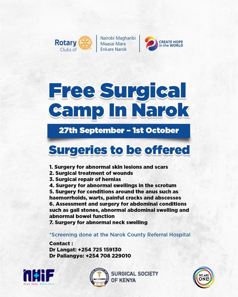Free Medical camp happening in Narok County. All you need is to visit the listed health centre and get screened for free. Check the date ma on the poster. Share out. 
Rotary Club of Maasai Mara, Rotary Club of Nairobi Magharibi.