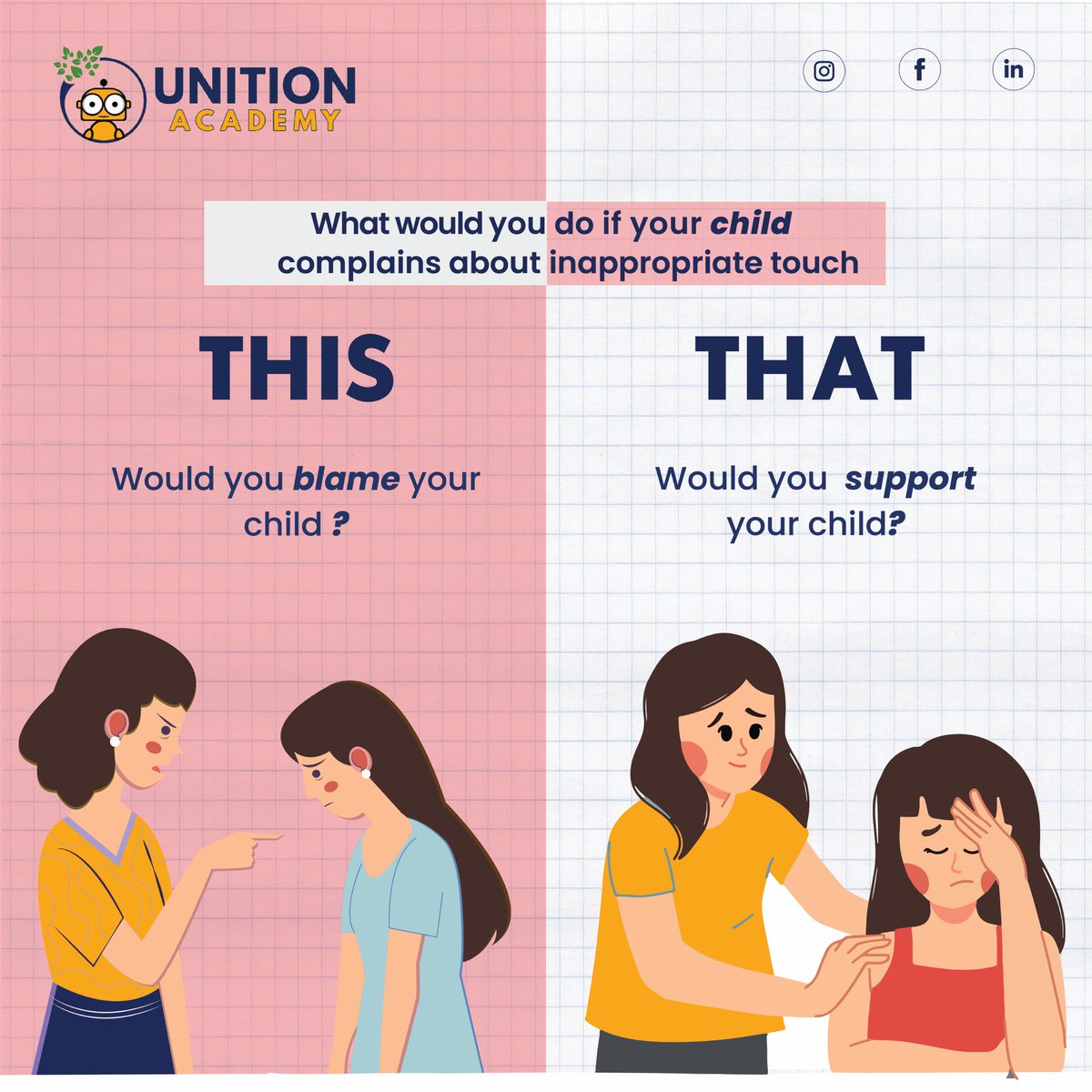 Teach your children about good and bad touch and support them through situations. Inform the authorities, support, don't ignore. 

Follow us for more details <a href="/Unitionacademy/">Unition Academy</a> 

Contact for more details - 93074 71325

#unitionacademy #parenting #teachingkids #badtouch #awareness