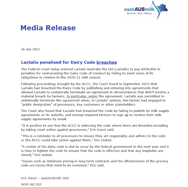 eastAUSmilk congratulates Australian Competition and Consumer Commission for enforcing the Dairy Code on Lactalis, and calls for the Code to be improved #dairy