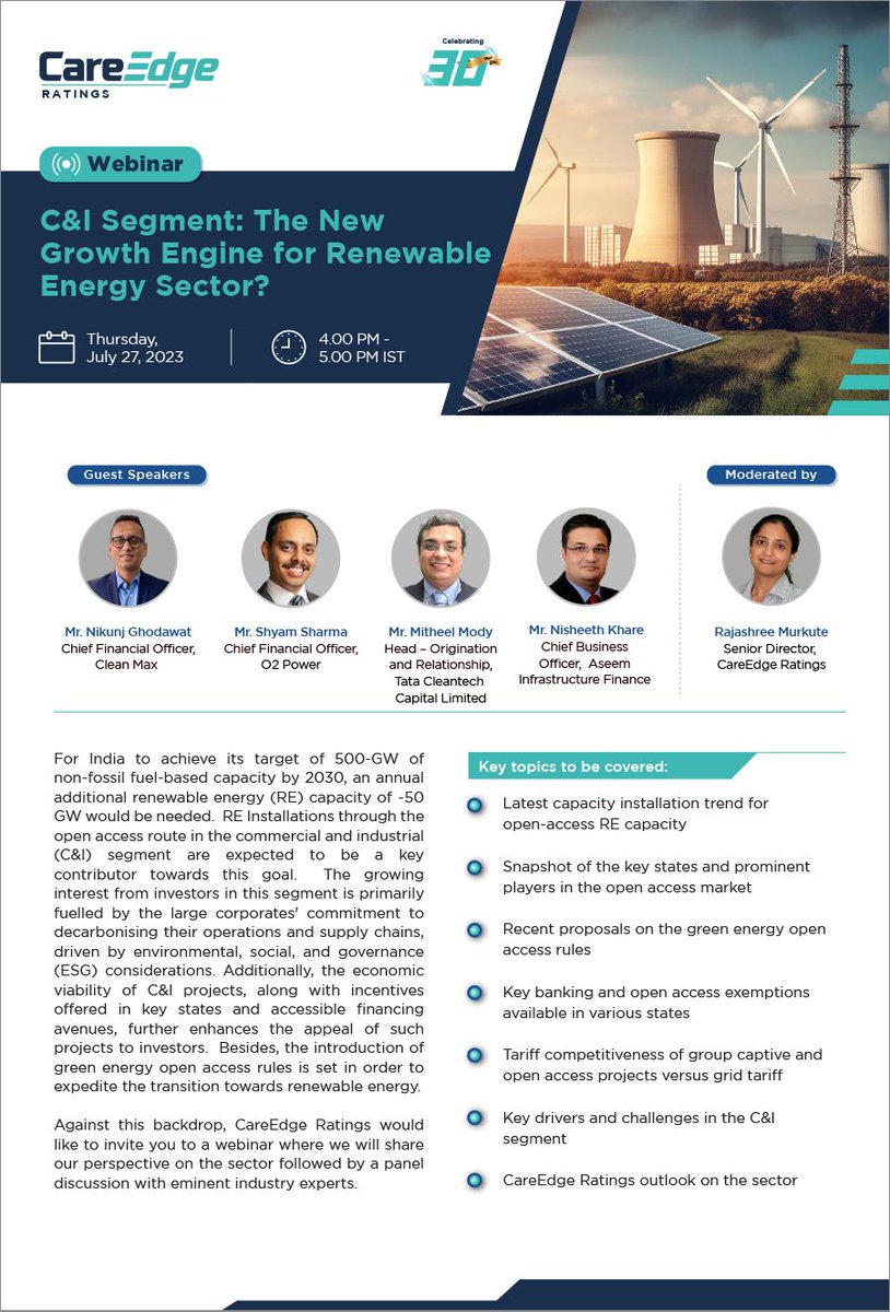Today, at 4:00 P.M. IST, <a href="/shyam2602/">S Sharma</a> , our CFO, will be a panelist on <a href="/CareEdge_Group/">CareEdge</a>'s webinar, 'C&amp;I Segment - The New Growth Engine for Renewable Energy Sector?'
Click here to register: lnkd.in/dxQRYaha
#RenewableEnergy #CnI #openaccess #REfinancing
