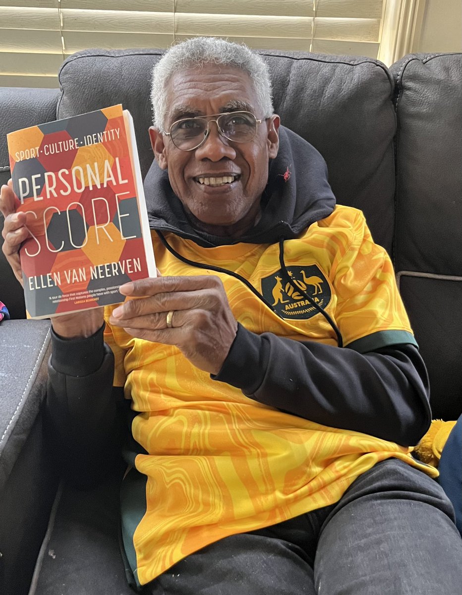 My dad finally reading Ellen Van Neervan’s brilliant book Personal Score - he was excited to see himself quoted in it. Just in time for the Australia-Nigeria game tonight <a href="/UQPbooks/">UQPBooks</a>
