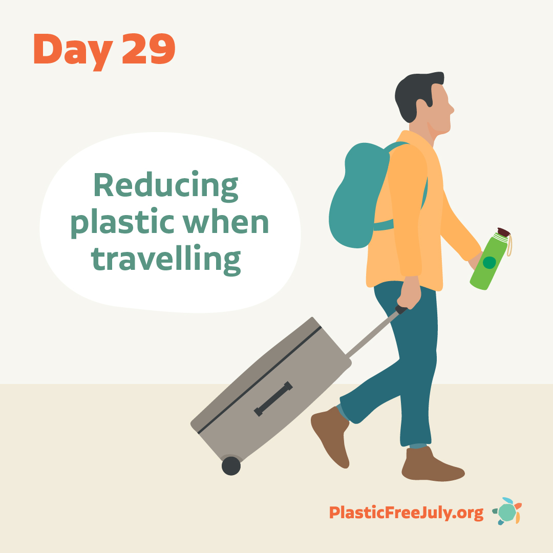 PlasticFreeJuly's tweet photo. DAY 29: Many travellers are choosing to refuse single-use plastics during their journeys by simply bringing reusable items they already have on hand

Common items water bottle, cup, utensils, earphone/adaptor plug, shawl (as a blanket)

#PlasticFreeJuly #SmallsStepsBigDifference https://t.co/Qy92FOcb6P