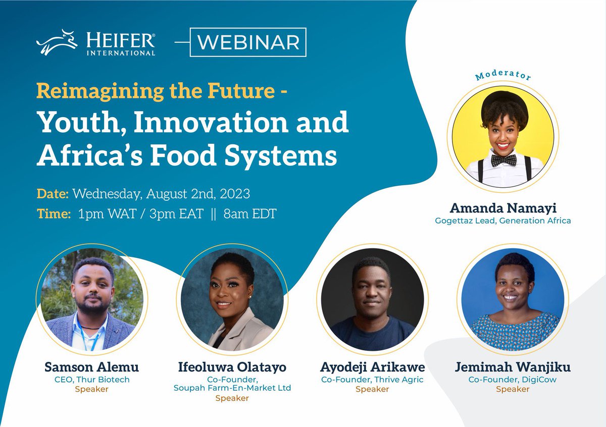 AmandaNamayi's tweet photo. What do you think of the future of Africa's #foodsystems?🤔

@Heifer is hosting a panel of young, dynamic agri-innovators and @AyuteAfrica winners who’ll talk about the role of #youth in transforming #Agriculture

🗓 2 Aug 2023
📍 https://t.co/4cU160oDpj

 Come join us; will you? https://t.co/T5mcv05iFe