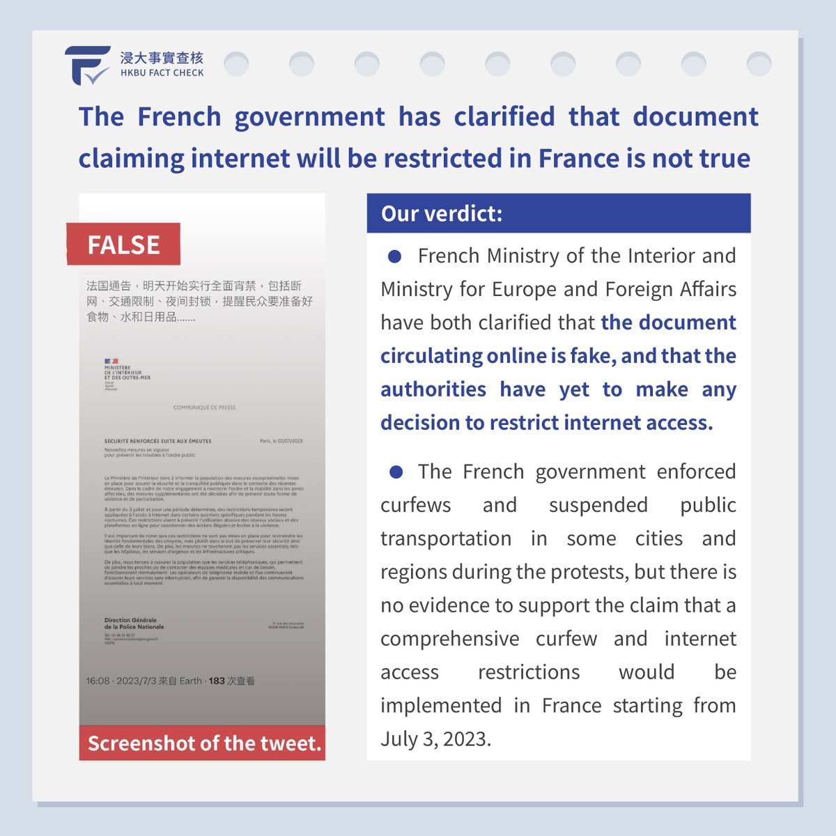 HKBUFactCheck's tweet photo. The French government has clarified that the document claiming that the internet would be restricted in France is fake. #bufactcheck Full report: https://t.co/Tr9mQy006S https://t.co/iT3QAKokdE