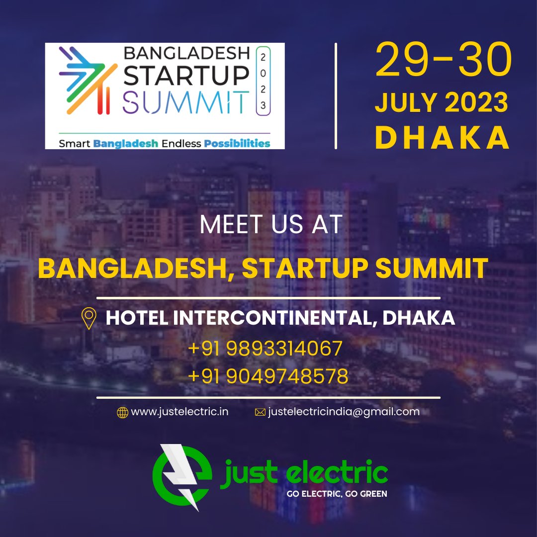 Just Electric has been chosen to represent India at the prestigious 'Bangladesh Startup Summit 2023'! 🇮🇳🇧🇩

#JustElectric #BangladeshStartupSummit #ElectricRevolution #SustainableCommuting #EcoFriendlyInnovations #GoGreen #GoElectric #RideTheFuture #reducerecyclereuse