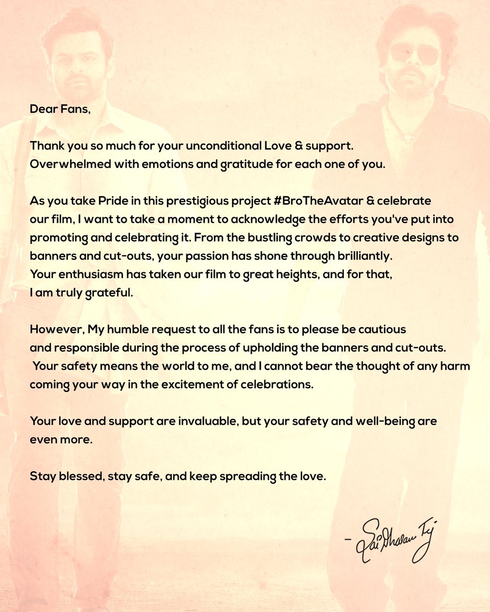IamSaiDharamTej's tweet photo. Your safety is above any celebration.
Please consider my humble request above your excitement and love.

Forever Grateful 🙏
#BroTheAvatar https://t.co/Mx3BdKGCGX