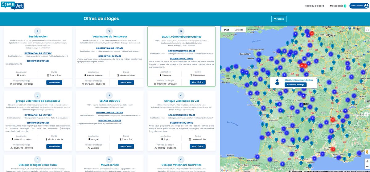 Env_Alfort's tweet photo. NOUVEAU - "StageVet, plateforme de recherche de stages développée par le SNVEL, poursuit sa montée en puissance !
👉 Désormais, 𝘂𝗻𝗲 𝗰𝗮𝗿𝘁𝗲 𝗽𝗲𝗿𝗺𝗲𝘁 𝗱𝗲 𝘃𝗶𝘀𝘂𝗮𝗹𝗶𝘀𝗲𝗿 𝗹𝗲𝘀 𝘀𝘁𝗮𝗴𝗲𝘀 𝘀𝗲𝗹𝗼𝗻 𝗹𝗲𝘀 𝗿𝗲́𝗴𝗶𝗼𝗻𝘀.
Un développement financé par les #ENVF. https://t.co/8NeYQEIrwf