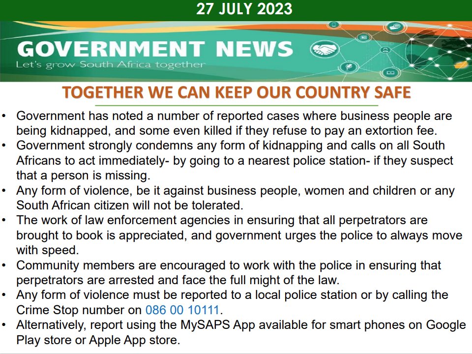 GCIS_IRC's tweet photo. Government strongly condemns any form of kidnapping and calls on all South Africans to act immediately- by going to a nearest police station- If they suspect that a person is missing. #GovNews #NoToKidnapping #Fightingcrime https://t.co/9aL8S8lGNF