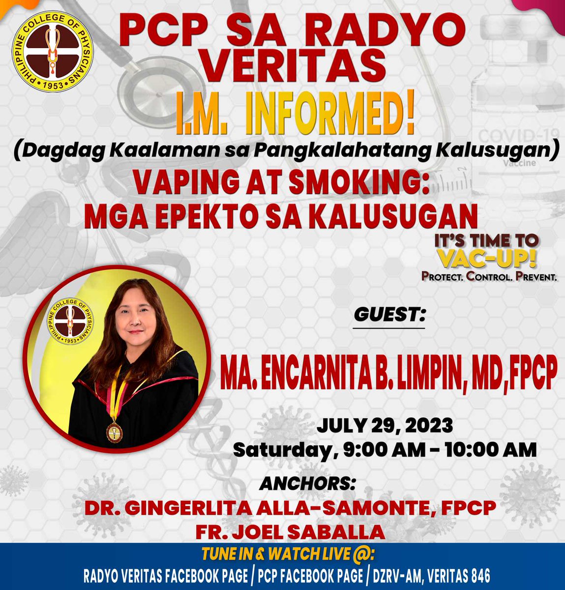 pcp1953's tweet photo. PCP sa Radio Veritas: I.M. INFORMED!
"VAPING at SMOKING: Mga Epekto sa Kalusugan"
simulcast over: DZRV-AM VERITAS 846,
RADIO TRUTH FACEBOOK PAGE
and on the PCP FACEBOOK PAGE
EVERY SATURDAY, 9 A.M.
#PCP
#PCPsaRADYOVeritas
#IMInformed
#VacUp
#ItsTimetoVacUp
#ProtectControlPrevent https://t.co/sFeyA0Mj1z